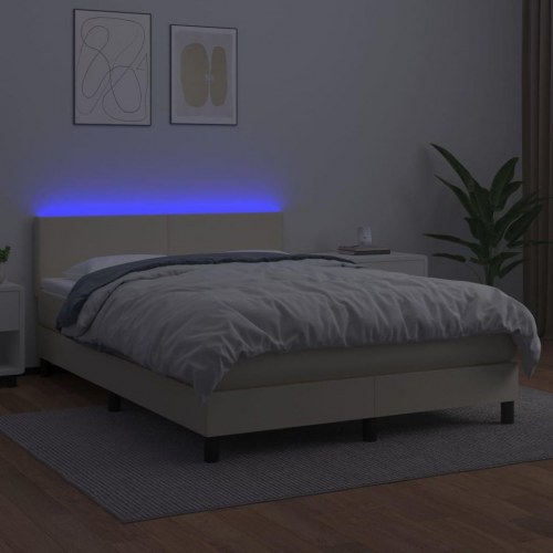 Kontinentalseng med LED-lys 140x200 cm - kunstlæder, cremefarvet