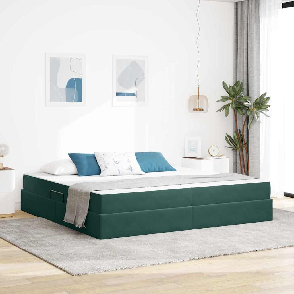 Seng med opbevaring og madras - mørkegrøn fløjl 200 x 200 cm