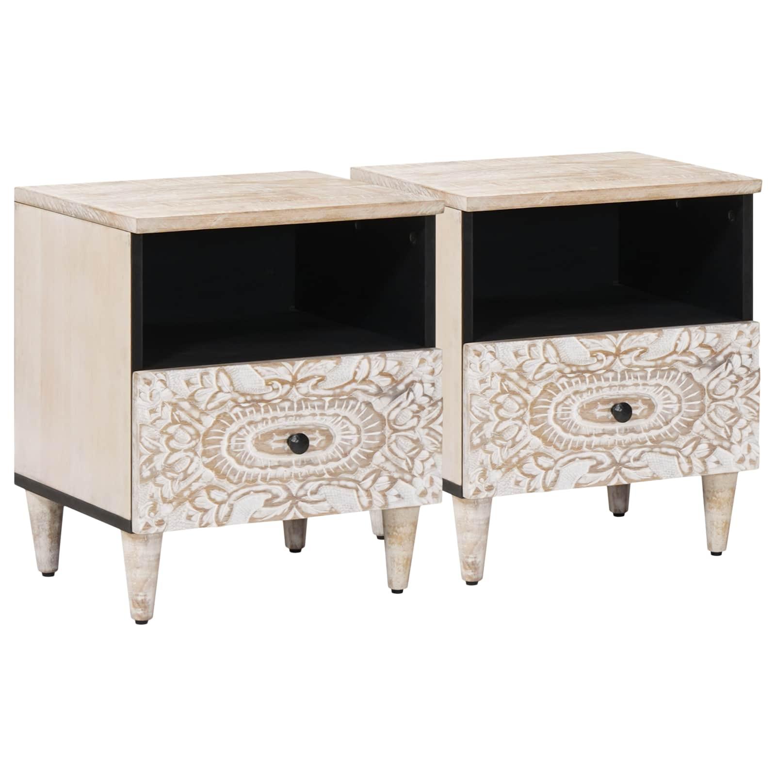 Sengekabinett 2 stk Hvid 40 x 33 x 46 cm Massivt mangotræ billede