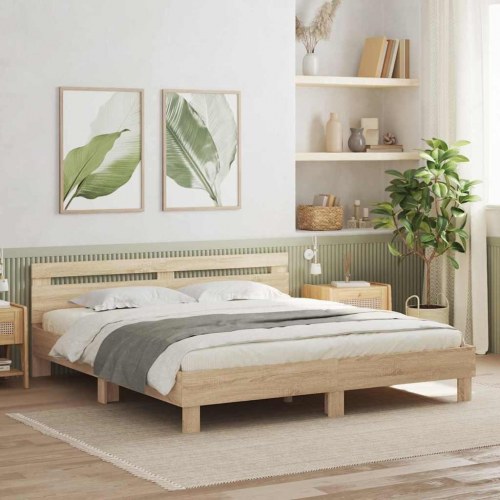 Sengestel med LED i sonoma - 193 x 203 cm, konstrueret træ
