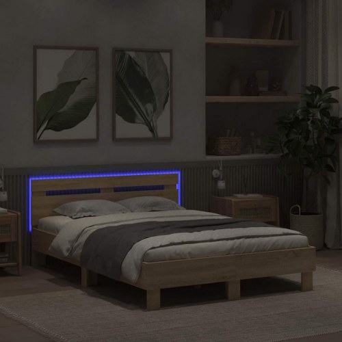 Sengestel med LED i sonoma - 137 x 190 cm, konstrueret træ