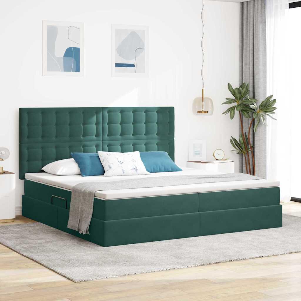 Seng med opbevaring og madras - mørkegrøn fløjl 200 x 200 cm med LED