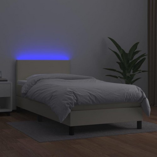 Kontinentalseng med LED-lys 90x190 cm kunstlæder cremefarvet