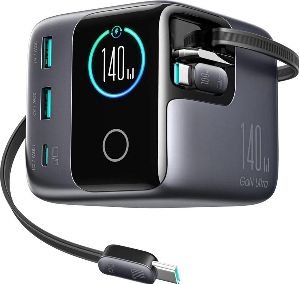 JOYROOM Podix JR-TRD01 GaN skrivebordsoplader 140 W - 1x USB‑C, 2x USB‑A + indbyggede, oprullelige 2x USB‑C kabler billede