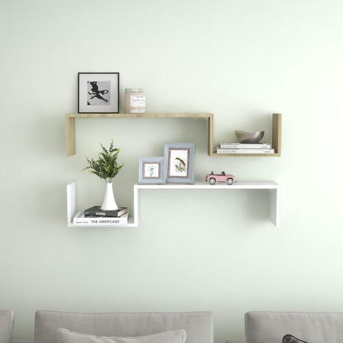 Væghylder 2 stk. 100x15x20 cm spånplader hvid og sonoma-eg