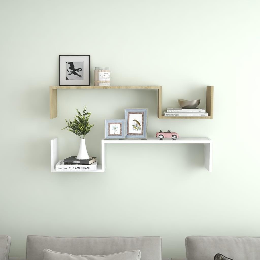 Væghylder 2 stk. 100x15x20 cm spånplader hvid og sonoma-eg