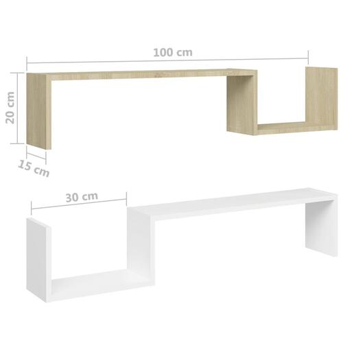 Væghylder 2 stk. 100x15x20 cm spånplader hvid og sonoma-eg