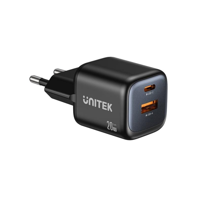 UNITEK GaN vægoplader 20 W – 2 porte (USB‑C + USB‑A), sort billede