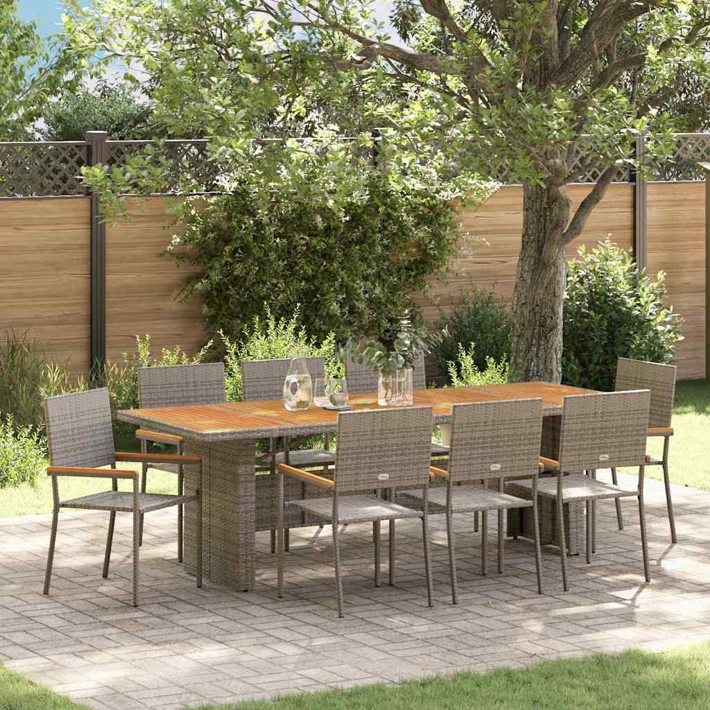 Havespisebordssæt i grå polyrattan - 10 stole, stort bord 240 × 90 cm