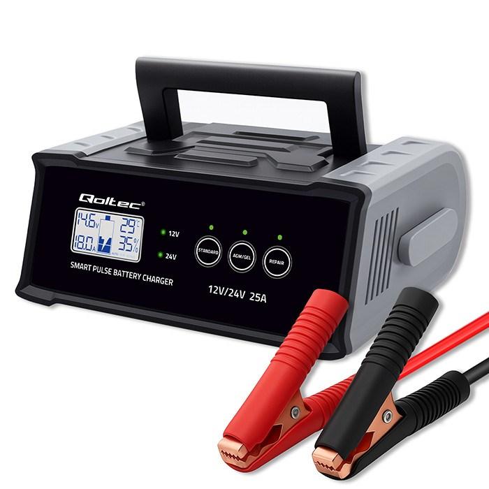 Qoltec intelligent mikroprocessor batterilader 12/24 V 25 A – med reparationsfunktion og LCD billede