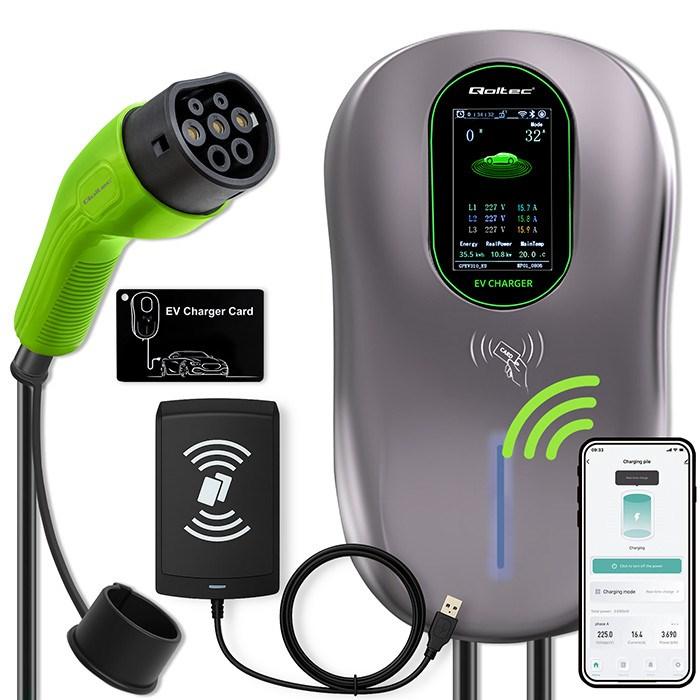 Qoltec EV-ladestander 2-i-1 Type 2, 22 kW, LCD, 3-faset, Wallbox, 5 m – inkl. 2 RFID-kort og hotel-system billede