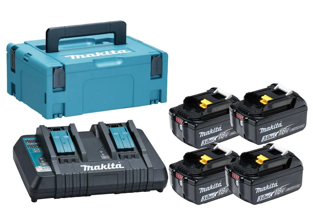 Makita 197970-3 batteri- og ladesæt - 18 V Li‑Ion, 4x 3,0 Ah + dobbeltlader i kuffert billede