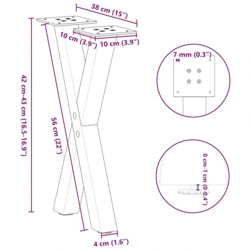 Sofabordsben X-formet - 2 stk. i naturstål, 38 × (42-43) cm