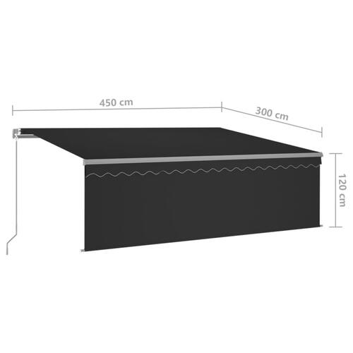 Markise m. gardin + LED 4,5x3 m manuel betjening antracitgrå