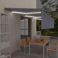 Markise m. gardin + LED 6x3 m manuel betjening blå og hvid