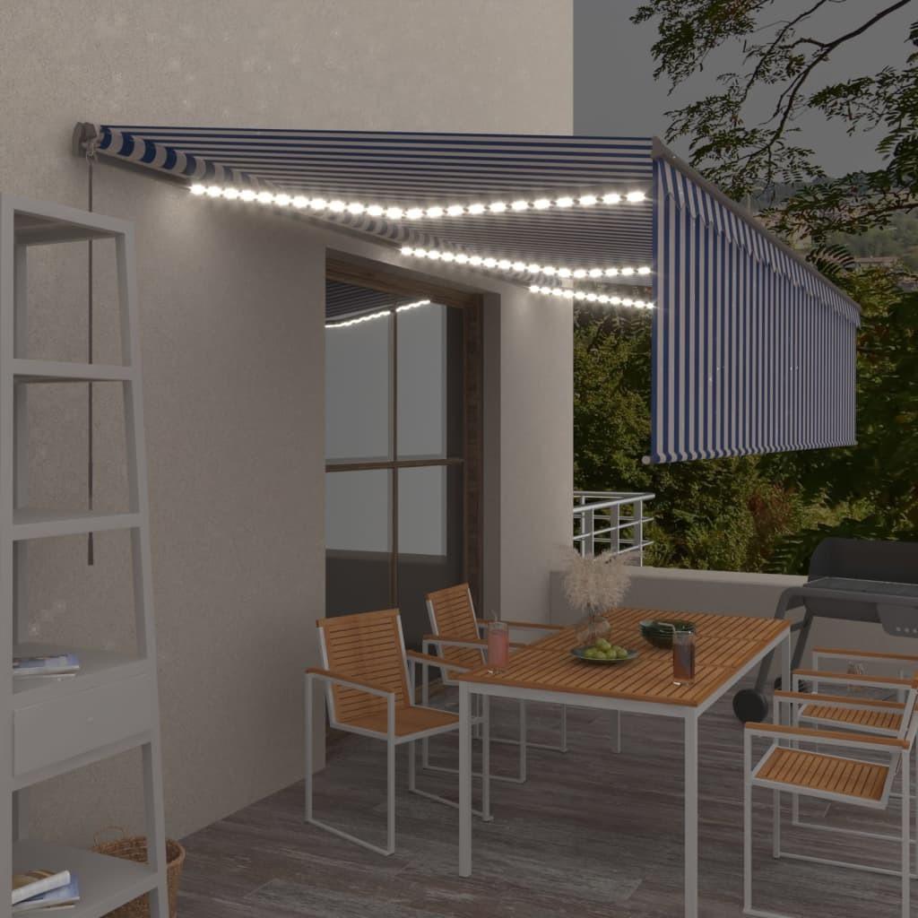 Markise m. gardin + LED 6x3 m manuel betjening blå og hvid