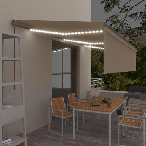 Markise m. gardin + LED 6x3 m manuel betjening cremefarvet