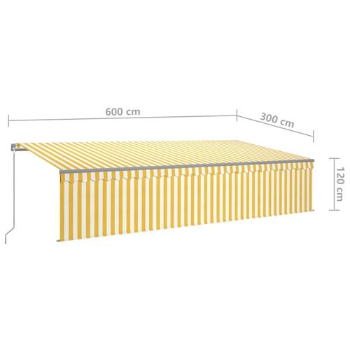 Markise m. gardin + LED 6x3 m manuel betjening gul og hvid