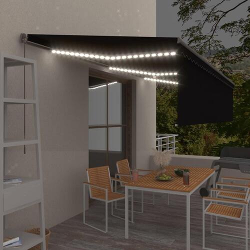 Markise m. gardin + LED 6x3 m manuel betjening antracitgrå