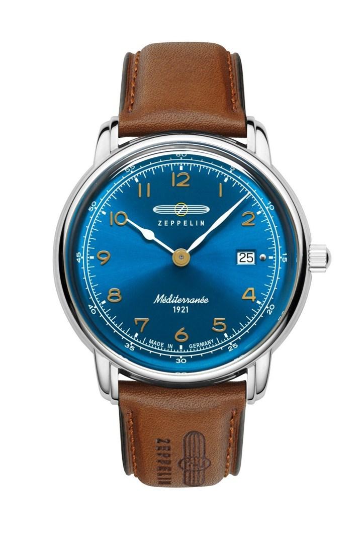 Zeppelin Mediterranee 96403 herreur 40 mm - blå skive og brun læderrem billede