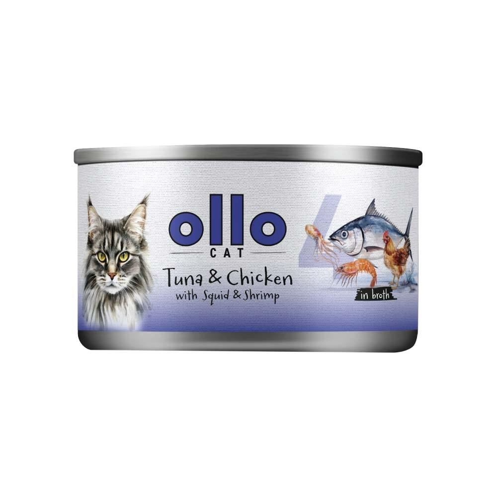 OLLO Cat nr. 4 - Tun & Kylling med blæksprutte og rejer i bouillon, vådfoder til kat - 70 g billede