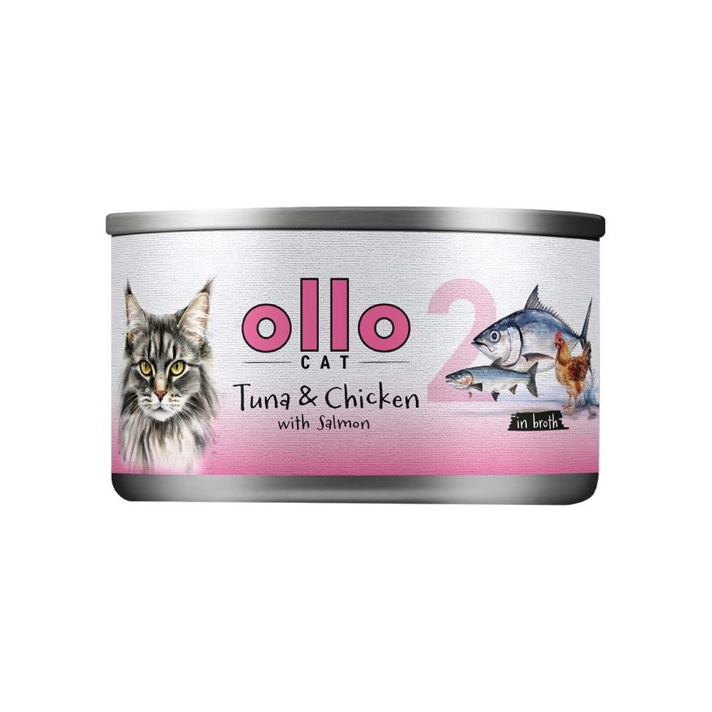 OLLO Cat nr. 2 tun & kylling med laks i bouillon - vådfoder til kat - 70 g billede