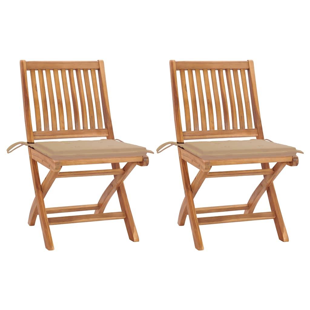 Havestole 2 stk. med beige hynder massivt teaktræ billede