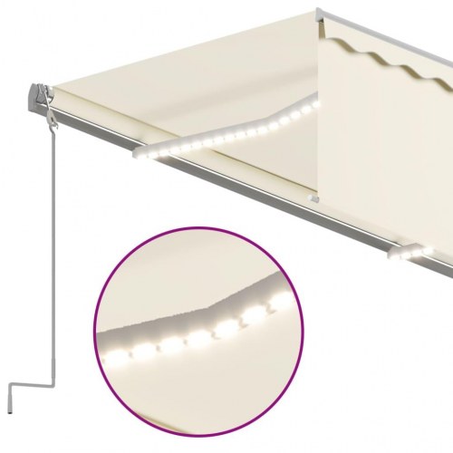 Markise med gardin og LED 5 x 3 m manuel betjening cremefarvet