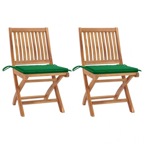 Havestole 2 stk. i massivt teaktræ med grønne hynder - foldbare