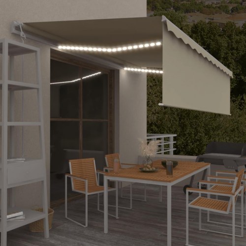 Automatisk markise med gardin, LED og vindsensor 5 x 3 m cremefarvet