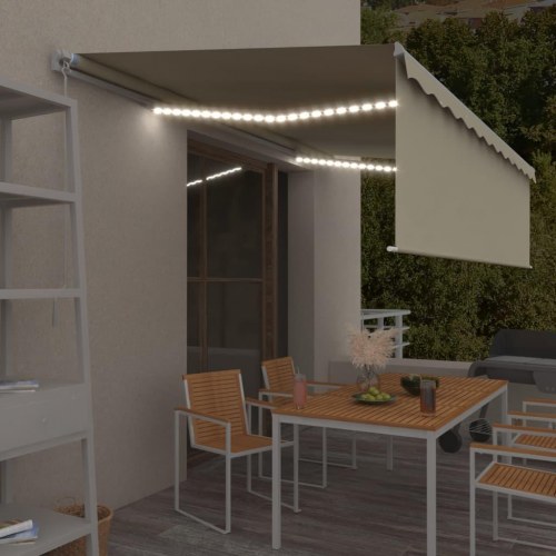 Markise med gardin og LED 5 x 3 m manuel betjening cremefarvet