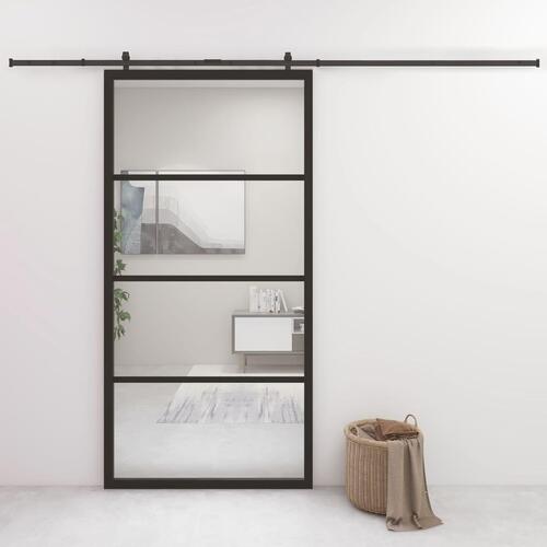Skydedør 102,5x205 cm aluminium og sikkerhedsglas sort