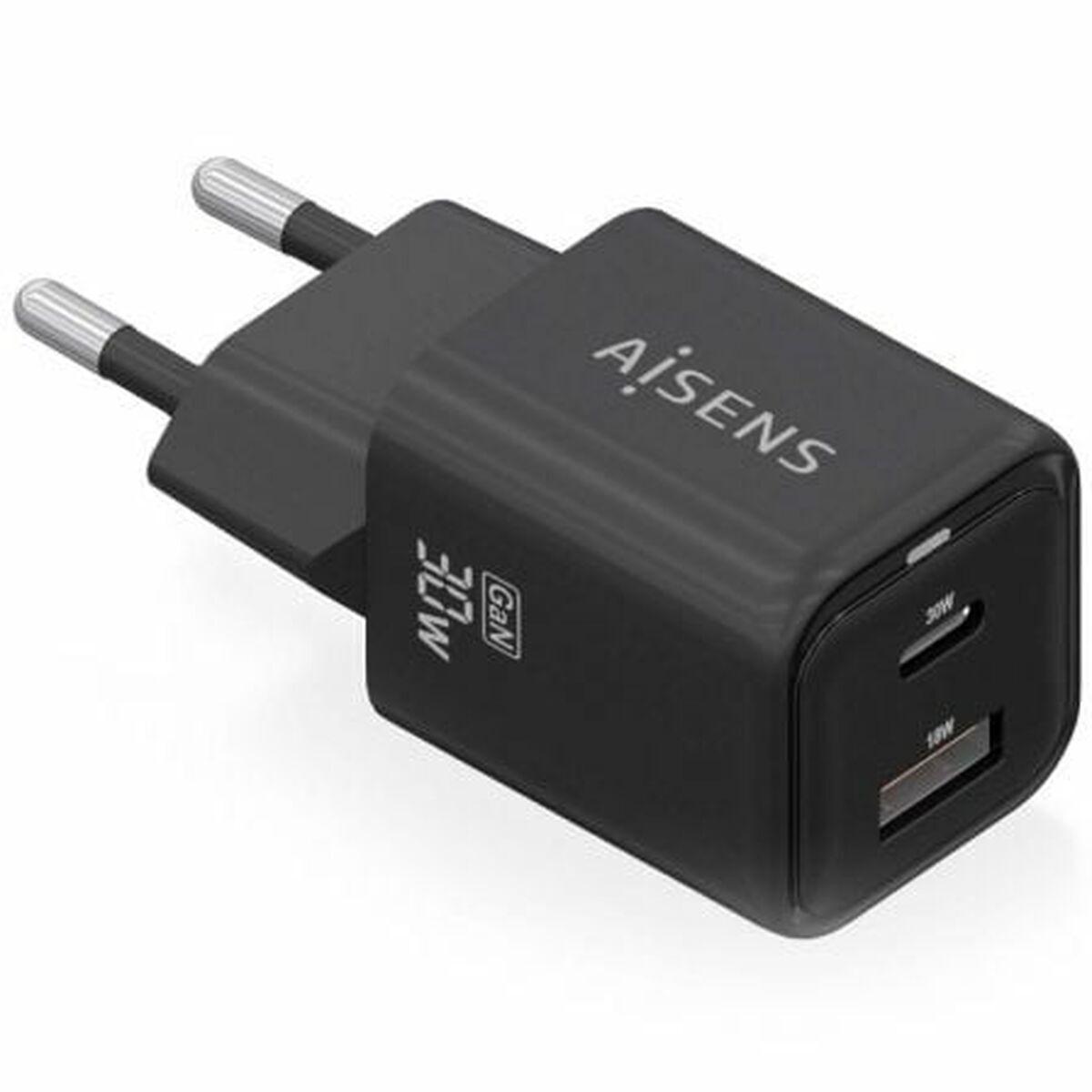 Aisens ASCH-30W2P021-BK vægoplader - 33 W, USB‑C + USB, sort billede