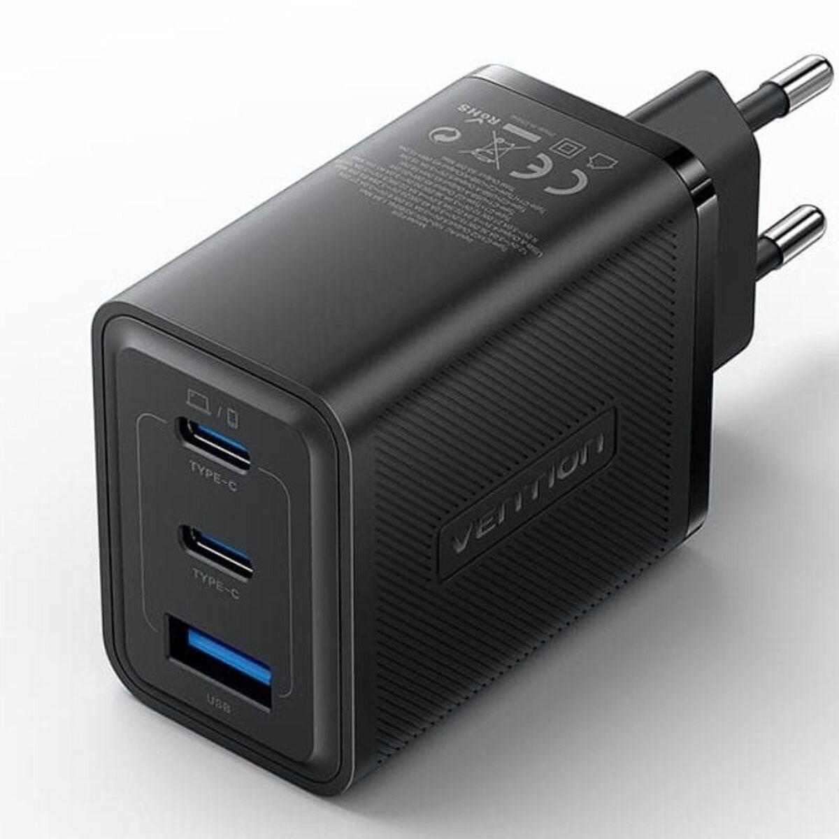 Vention FERB0-EU vægoplader 65 W - 2x USB‑C + USB‑A, gul/sort billede
