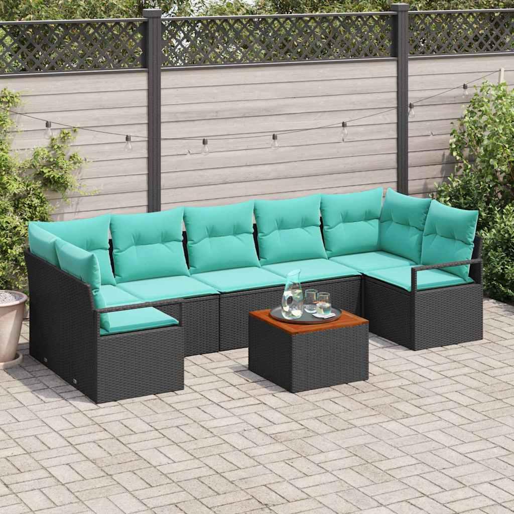 Havesofa Sæt med pude 8 stk Sort polyrattan billede