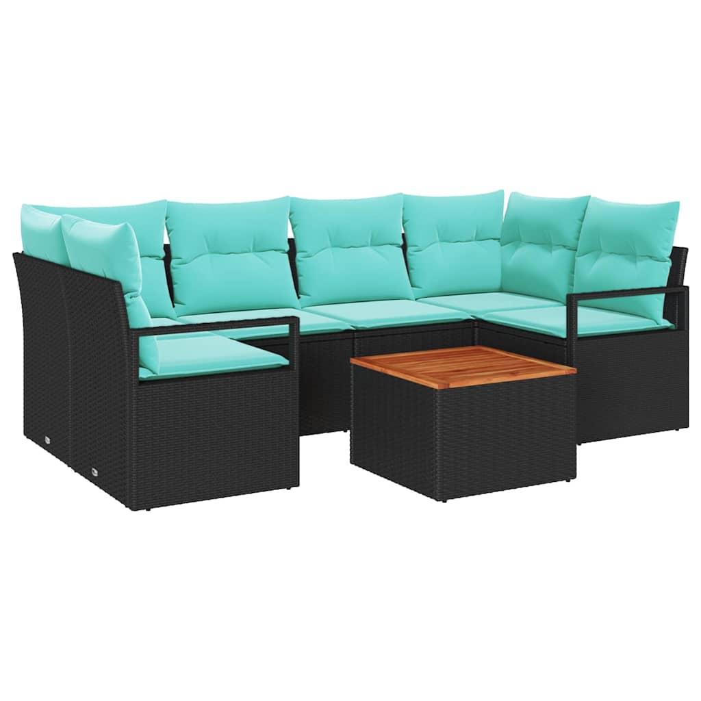 Havesofa Sæt med pude 7 stk Sort polyrattan billede