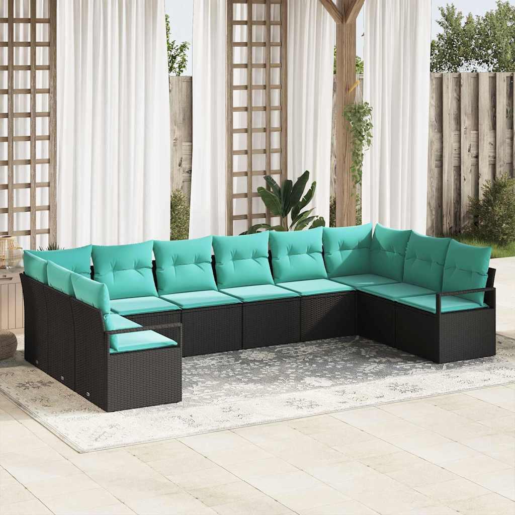 Sofa Sæt med pude 10 stk Sort polyrattan billede