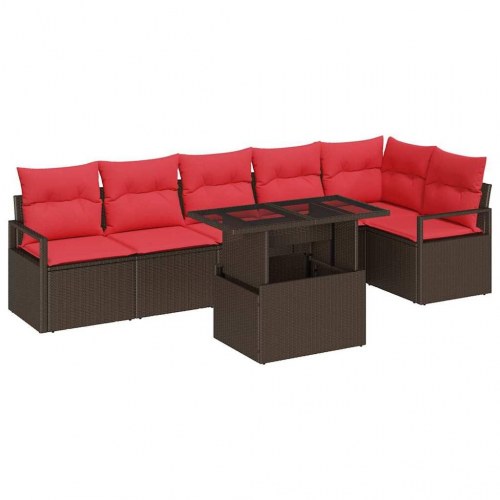 Havesofa Sæt med opbevaring 7 stk Brun og Rød polyrattan