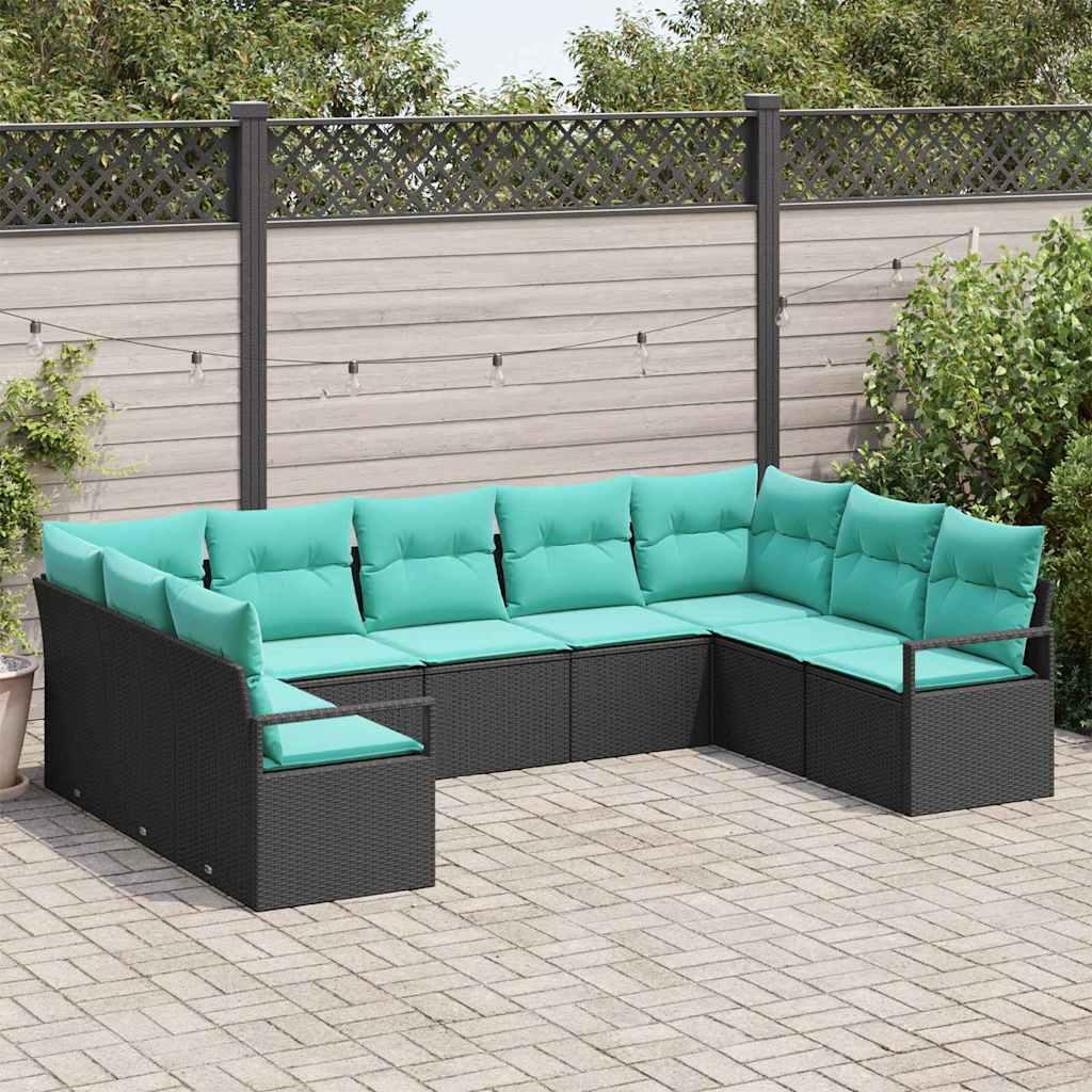 Sofa Sæt med pude 9 stk Sort polyrattan billede