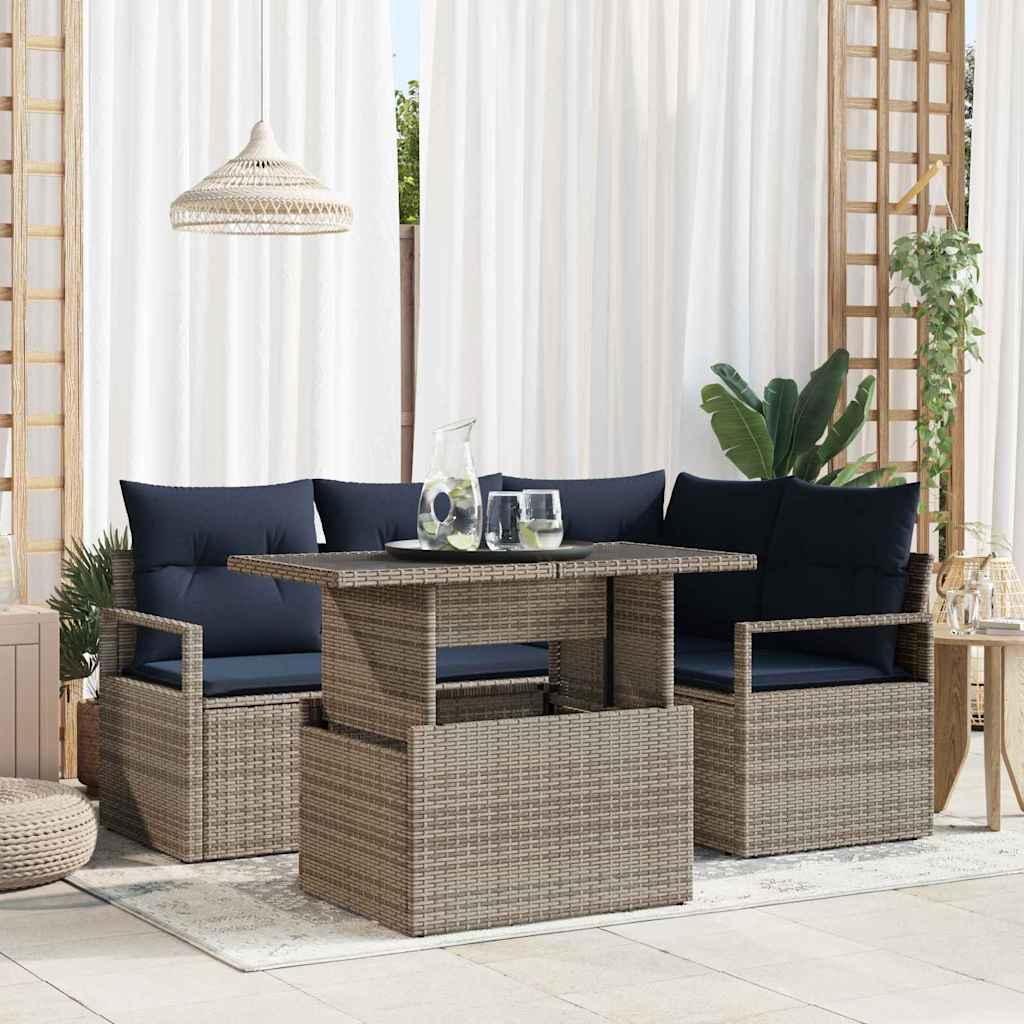 Havesofa Sæt med pude 5 stk Grå og Marineblå polyrattan billede