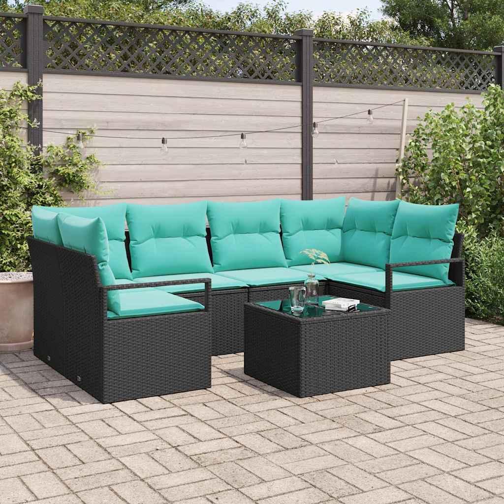 Sofa Sæt 7 stk Sort og Blå polyrattan billede