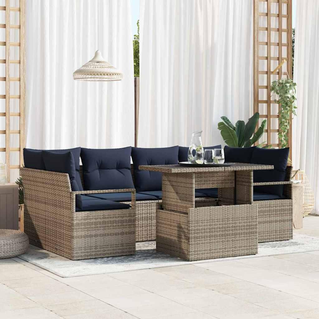 Havesofa Sæt med pude 7 stk grå og marineblå polyrattan billede