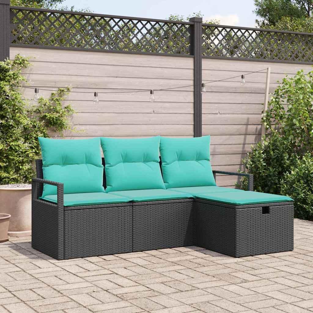 Havesofa sæt med puder, 4 dele - sort/turkis polyrattan billede