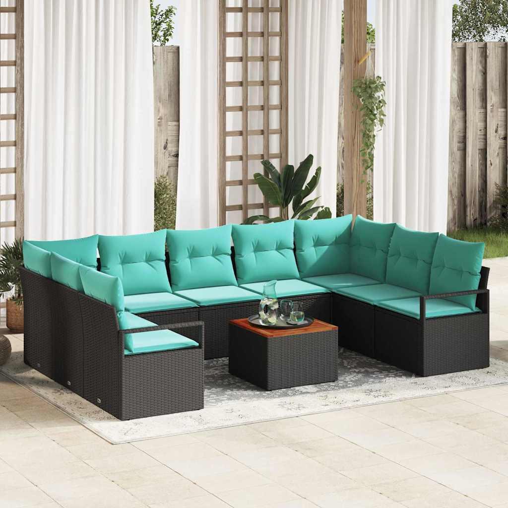 Havesofa Sæt med pude 10 stk Sort polyrattan billede