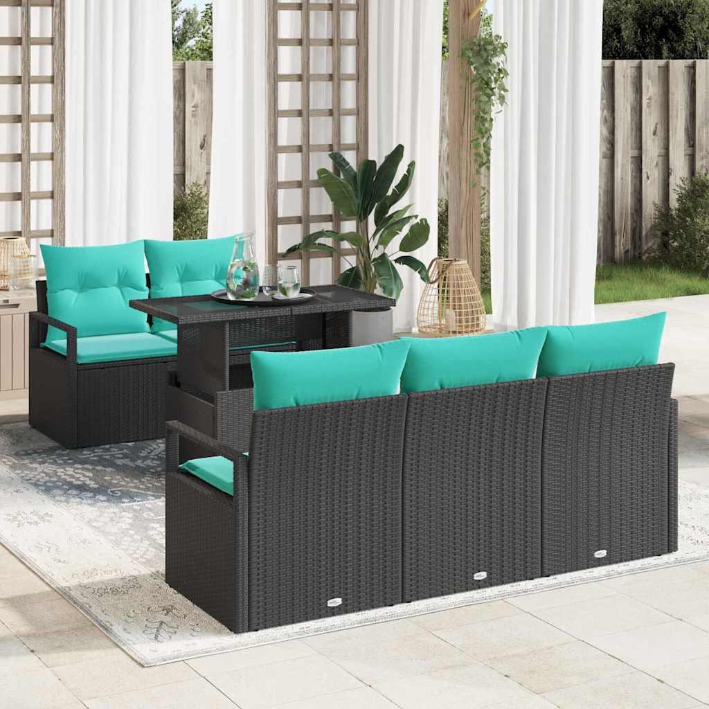 Havesofa sæt med opbevaring 6 dele i sort polyrattan med blå puder billede