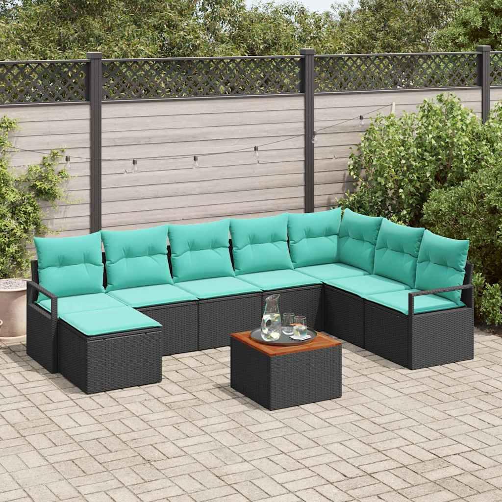 Havesofa Sæt med pude 9 stk Sort polyrattan billede