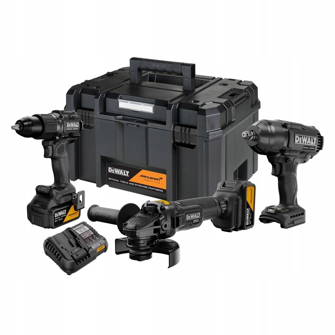 DeWALT 18V kombosæt DCK3222MP2T - boremaskine, slagnøgle, vinkelsliber + 2x5,0 Ah og TSTAK McLaren