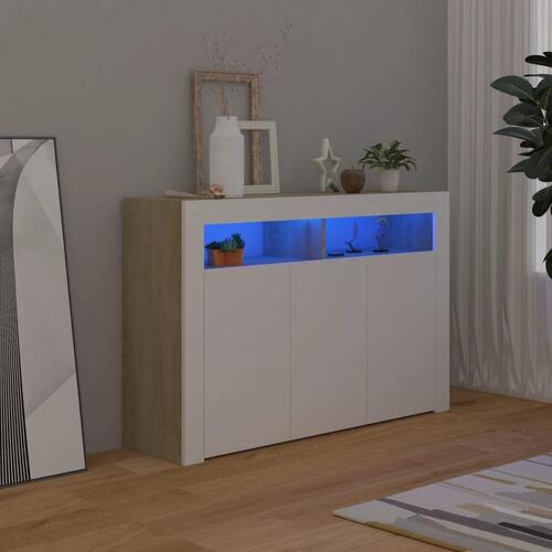 Skænk med LED-lys 115,5x30x75 cm hvid og sonoma-eg