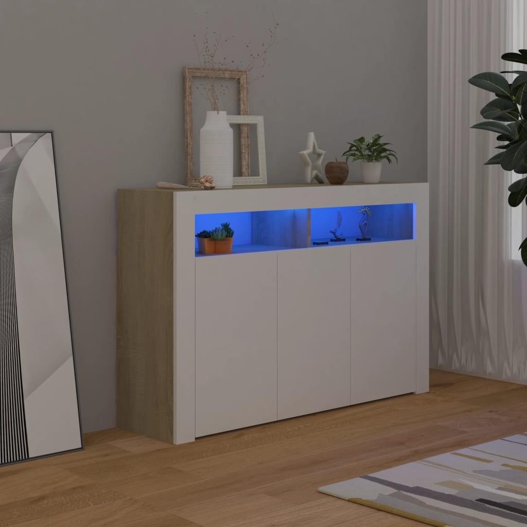Skænk med LED-lys 115,5x30x75 cm hvid og sonoma-eg