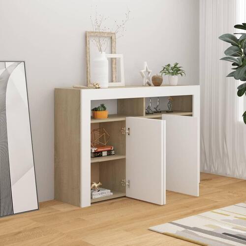 Skænk med LED-lys 115,5x30x75 cm hvid og sonoma-eg